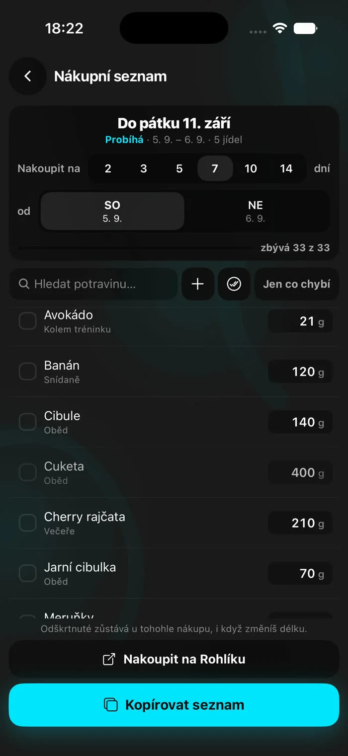 Nákupní seznam v aplikaci s gramážemi na zvolený počet dní