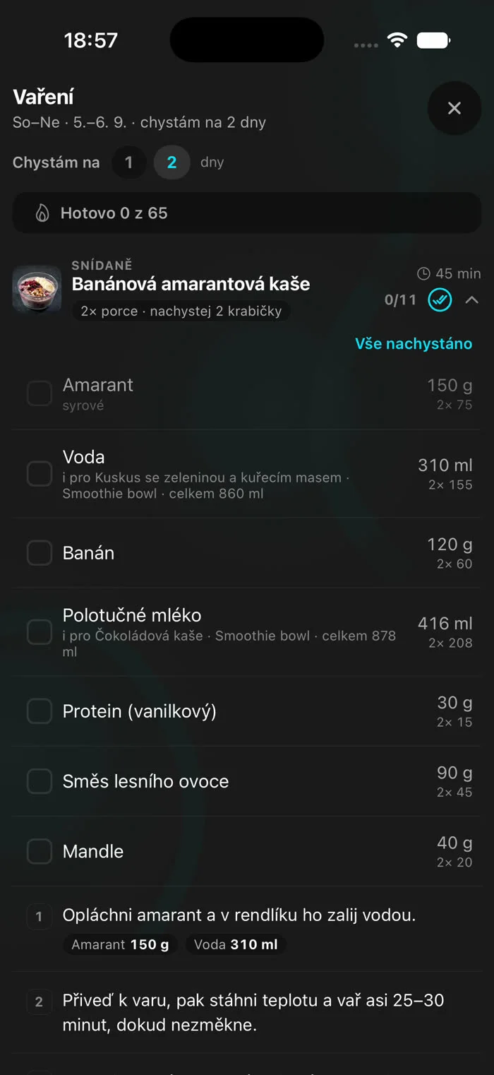 Vaření v aplikaci: suroviny s gramážemi a postup krok za krokem